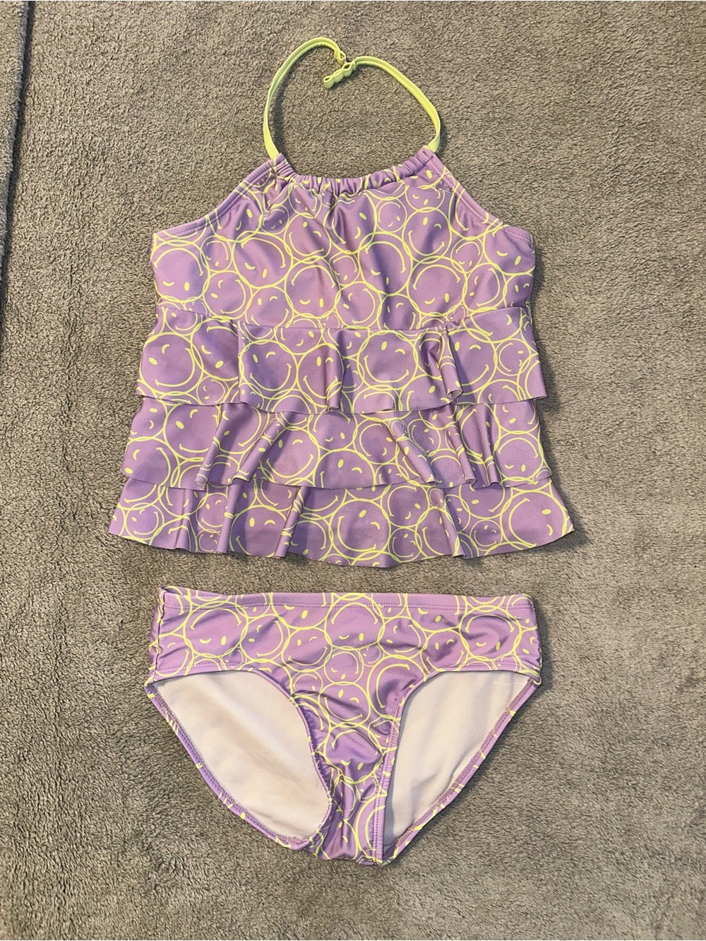 Justice Purple Smiley Face Ruffle Tankini Swimsuit Set